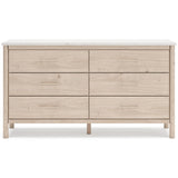 Signature Design by Ashley Cadmori Casual Bohemian Dresser with Post Legs and 6 Drawers, Replicated Marble Top, Wood, 35" High, White and Light Brown Finish