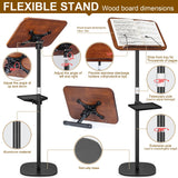 2 in 1 Dual-use Music Stand & Desktop Book Stand, Adjustable Height 16.5"-51", 100% Solid Wood Laptop Floor Stand Book Holder with Elastic Page Clips for Cookbooks (Black Walnut with Tray)