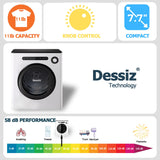 Dessiz 1.6 Cu.Ft. Portable Clothes Dryer, 970w,Machine with Stainless Steel Drum, 11lbs with Exhaust Hose,Digital Control with Hygrometer Sensor, Dryer for Apartments, Home, RV, Dorms