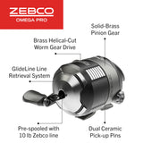 Zebco Omega Pro Spincast Fishing Reel, Size 30 Reel, Dual Ceramic Pick-up Pins, Solid-Brass Pinion Gear, GlideLine ll Line Retrieval System, Pre-Spooled with 10-Pound Fishing Line, Braid Ready, Black