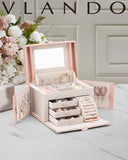 Vlando Jewelry Box Organizer for Girls Women, Large Baroque Jewelry Holder Organizer with Mirror, 3 Drawers for Bracelets, Earrings, Rings, Necklaces, Mothers Day for Loved One, Pink