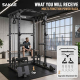 SAKAE Squat Rack, Multi-Function Power Cage with Adjustable Cable Crossover System for Strength Training, Power Rack with LAT Pulldown, Pull-Up Bar, Dip Bars & Training Attachments