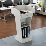 Curved Office Podium Stand, Wooden Lectern,White,+Drawer