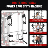 FAGUS H All in One Home Gym System Workout Station, Multi-Function Smithe Machine Power Cage with Cable Crossover, Tripe-Sided Independent Load Posts, Smithe Trainer for Full Body Training, Black Red