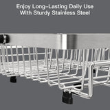 MAJALiS Dish Drying Rack Over The Sink, Expandable Stainless Steel Dish Drainer for Small Kitchen Counter Space Saving, RV Compact Plate Strainer In Silver Metal with Hanging Adjustable Utensil Holder