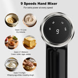 Camic Electric Hand Mixer with 9 Speeds, Powerful Motor, Cordless Hand Mixer with Whisk, Dough Hook and Mixing Rod for Whipping Eggs, Cream, Butter, Jam, Kneading Dough and Blending (White+Black)
