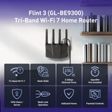 GL-BE9300 (Flint 3) Tri-Band WiFi 7 Router, High-Speed 6GHz Gaming WiFi Router for Wireless Internet