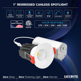LUXRITE 1 Inch LED Recessed Canless Regressed Light with J-Box, 5CCT Selectable (2700K/3000K/3500K/4000K/5000K), 9W 800 Lumens, Dimmable Spotlight, IC Rated, Wet Rated, ETL Listed (6 Pack)