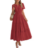 BTFBM Womens Summer 2026 Casual Midi Maxi Dresses Lightweight Short Sleeve V Neck Elastic Waist Boho Beach Dress Pockets(Red, X-Large)