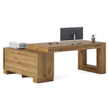 L Shaped Executive Desk with Storage, Farmhouse Home Office Desk with 2-Tier Cabinets and Shelves