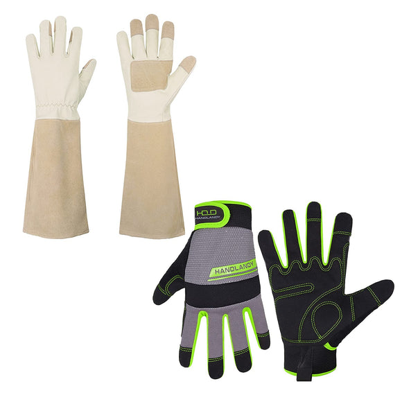 2 Pairs: Rose Pruning Long Gardening Gloves, Mechanic Working Touch Screen Yard Work Gloves - Beige, Green, Medium