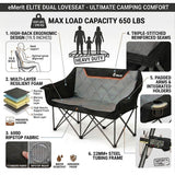 EMERIT Oversized Fully Padded Camping Chair, Heavy Duty 650LB Folding Camping Loveseat, Quad Fold Double Camping Couch with Cup Holders & Carry Bag for Outdoor, Lawn, Sports Events Black