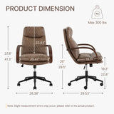 KISLOT Home Office Desk Chair, Ergonomic Office Chair with Lumbar Support, Adjustable Swivel Computer Chair with Wheels, Faux Leather Executive Task Chair with Wood Arms, Brown