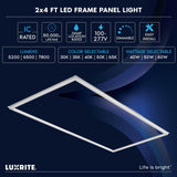 LUXRITE 2x4 FT Edge-Lit Frame LED Panel Lights, 5CCT Selectable 3000K-6500K, 5200/6500/7800LM, 40W/50W/60W Switch, Grid Drop Ceiling Lights, 0-10V Dimmable, Damp Rated, 100-277V, ETL Listed (4 Pack)