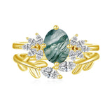1.5 ct Moss Agate Engagement Ring Set Ovel shape Moss Agate Wedding Ring Set Gold For Valentines day Chirstomas (yellow gold)