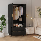 Garvee 71" Armoire Wardrobe Closet, Modern Wooden Bedroom Armoire with 2 Drawers & 2 Doors and Adjustable Shelves，Clothing Storage Cabinet with Aluminum Hanging Rod, Locker
