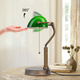JCPYIUL Green Glass Bankers Lamp, Retro Desk Lamp with USB Wireless Charging Port, Classic Pull Chain Switch Table lamp, for Home Office nightstand Bedside Study Desk Library