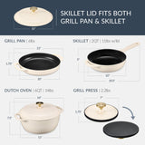 Best Choice Products Non-Stick Pot & Pan Cookware Set, Cast Iron, 2Qt Skillet W/Lid, 10" Grill Or Griddle Pan W/Press, 6Qt - Vanilla