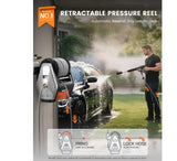 Giraffe Tools Grandfalls Retractable Wall Mounted Pressure Washer Pro, 3700 PSI, 1.6 GPM Electric Power Washer, Automatic Rewind, 100ft Pressure Hoses, 5 Nozzles for Cars/Fences/Patios, Light Silver