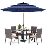 PHI VILLA 5pc Patio Dining Set with Umbrella, Square Table, Rattan Chairs
