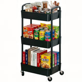 Sywhitta 3-Tier Plastic Rolling Utility Cart with Handle, Multi-Functional Storage Trolley for Office, Living Room, Kitchen, Movable Storage Organizer with Wheels, Black