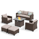 MIXPATIO Patio Furniture Set, 6 Pcs Wicker Rattan Outdoor Conversation Set, 2 x Leg Chairs, 1 x 3 Seater Sofa and 2 x Ottoman with 4" Thick Cushion and 32" Fire Pit Table, Beige