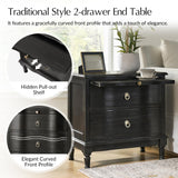 HULALA HOME Solid Wood Storage End Table with Hidden Pull-Out Shelf, Transitional 2 Drawer Side Table with Charging Station, Large SideTable with USB Ports, Easy Assembly, Charcoal