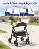 Telgome Rollator Walker with Seat, Foldable Walkers for Seniors with Seat, Thickened Frame 350 lbs Load, Height Adjustable,8'' Big Wheels, Rolling Walker,Black