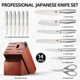 KnifeSaga Knife Set Premium, Japanese High Carbon Stainless Steel 14 Pcs Kitchen Knives Block Set with Built-in Sharpener and Wood Block
