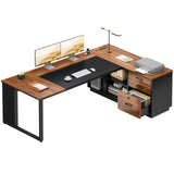 AODK 71 Inch L Shaped Executive Desk with Storage, Walnut+ Black