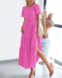 BTFBM Womens Summer 2026 Casual Midi Maxi Dresses Lightweight Short Sleeve V Neck Elastic Waist Boho Beach Dress Pockets(Rose Red, Small)