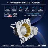 LUXRITE 4-Inch LED Trimless Recessed Spotlight with Brass Reflector Trim Replacement 25W, 2000LM, 2700K-5000K, 38° Beam Angle, Dimmable, Push-n-Lock, CRI90, Damp & IC Rated, ETL White + Brass (4 Pack)