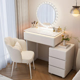 Quvex 23.6" Compact Makeup Vanity Desk with LED Sunburst Mirror & Ambient Light, Sintered Stone Top Vanity Table, 4 Drawers, Petal Chair, Extendable & Reversible Dressing Table, White