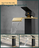 KUZOR Black and Gold Waterfall Bathroom Sink Faucet with Pop Up Drain