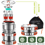 Camping Cooking Set | Stainless Steel Camping Pot and Pan Set with Kettle Cups Plates Forks Knives Spoons Jorunhe