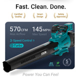 36V High-Output Brushless Cordless Leaf Blower Compatible with Makita 18v Batteries (Tool Only), Dual Battery System, 570 CFM 145 MPH Turbo Performance, 3 Variable Speed, Heavy-Duty Yard Blower