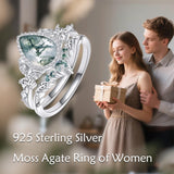 Oseew Natural Moss Agate Ring for Women 2CT Pear Cut 2 Pieces Engagement Ring Set 10K/14K/18K Solid Gold/Sterling Silver Wedding Vintage Leaf Bridal Promise Ring with Gift Box