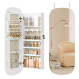 SONGMICS Jewelry Organizer, LED Jewelry Cabinet Wall/Door Mounted, Lockable Rounded Wide Mirror with Storage, Interior Mirror, 3.9 x 16.5 x 42.5 Inches, White Surface with Greige Lining