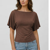 SeeLuNa Women Cinched Waist Shirts Stretchy Dolman Sleeve Boat Neck Knit Top Trendy Streetwear Outfits Basic Workout Tee Tops(Brown,L)