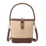 Natural Straw Crossbody Bag for Women, Small Top Handle Purse with Twist Lock, Woven Summer Handbag for Beach Vacation (Khaki)