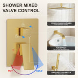 FAROLAN Brushed Gold Shower System with Tub Spout, Ceiling Mounted Bathtub Shower Faucet Set, 12" Rainfall Shower Head and Handheld Shower Combo, High Pressure Shower Fixtures Set with Rough-in Valve