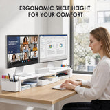 OPNICE Desk Organizers and Accessories, Dual Monitor Stand Riser with Drawer and 2 Pen Holders, Desk Shelf Computer Racks & Printer Stand for Office Workspace Organizers, Desktop Organization (White)