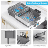 Urackify Dish Drying Rack, 304 Stainless Steel Dish Drainer with Removable Utensil Holder & Drain Board, Rustproof Space-Saving Dish Rack for Kitchen Countertop, Grey