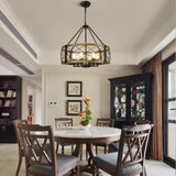 Modern Chandelier for Dining Room, 6-Light Wood Grain Finish Farmhouse Chandelier, 22.5” Rustic Drum Hanging Light Kitchen Island, Round Metal Hanging Light Fixture for Foyer, Entryway, Bedroom