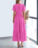 BTFBM Womens Summer 2026 Casual Midi Maxi Dresses Lightweight Short Sleeve V Neck Elastic Waist Boho Beach Dress Pockets(Rose Red, Small)