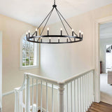 16-Lights Wagon Wheel Chandelier 47 Inch Black Chandelier Light Fixture Farmhouse Chandeliers for Living Room Foyer Chandeliers for High Ceilings Round Pendant Light for Dining Room Entryway