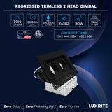 LUXRITE 2-Head Regressed Trimless Gimbal LED Recessed Spotlight, 360°+15° Swivel Rotation, 5CCT 2700K-5000K, CRI90, 30W, 2000 Lumens, 60° Beam, Rectangle Black, Dual Dimmable, IC & Wet Rated (4 Pack)
