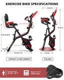 pooboo Folding Exercise Bike - 4-in-1 Magnetic X-Bike, Foldable Upright Indoor Cycling Stationary Bike with 8-Level Resistance, Pulse Sensor, Arm Resistance Bands, Back Support Cushion & Bottle Holder - Home Gym Workout Equipment