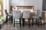 MOOLSUN Set of 6 Blue Velvet Bar Stools - Classic Fixed Height Design with Button Tufted Seat, Solid Wood Frame & Chrome Nailheads, Perfect for Standard Kitchen Island & Home Bar,Gray(Wood Leg)