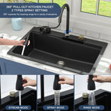 Lordear Granite Composite Kitchen Sink With Waterfall Faucet 33x22 Inch Drop In Kitchen Sinks Black Quartz Single Bowl Multifunctional Workstation Topmount Sink